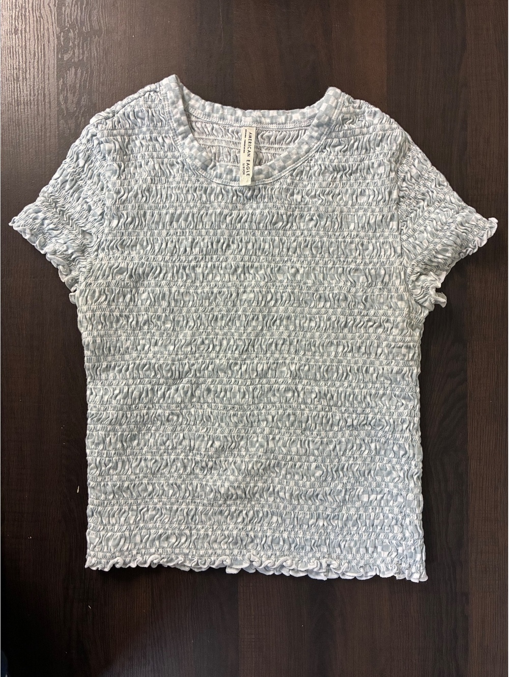 American Eagle Blue Gingham Smocked Stretchy Baby Tee S Y2K Festival